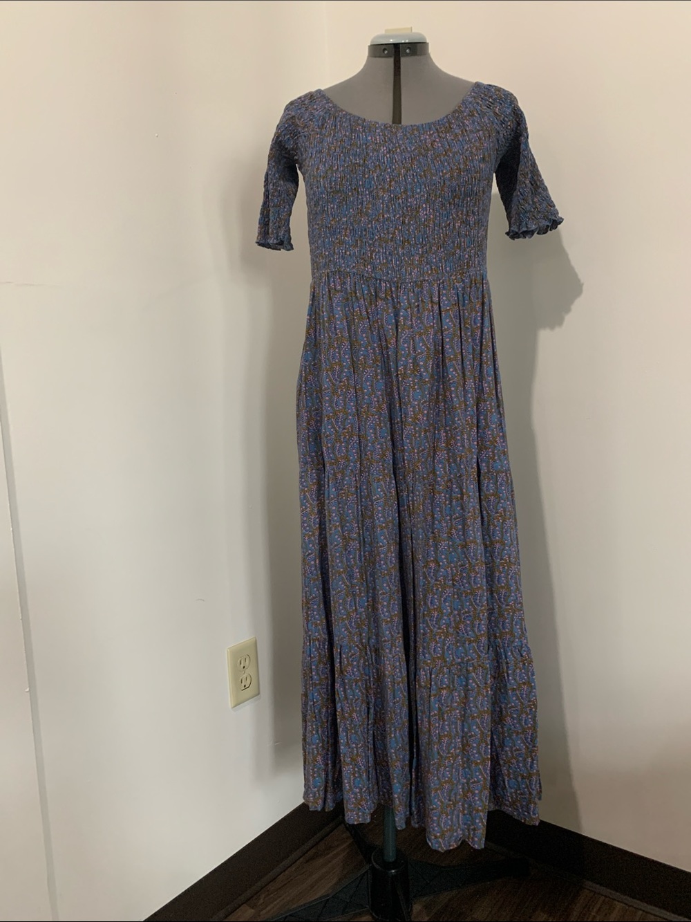 NATURAL LIFE Blue Floral Smocked Maxi with Short Sleeves “Daisy Dress”